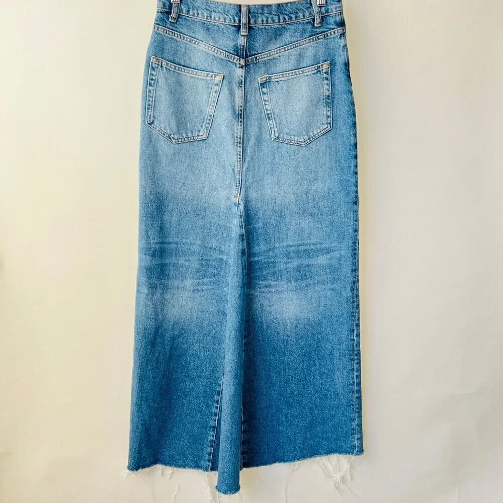 Reformation Tazz denim slit front maxi skirt, blue, Size 26 M65